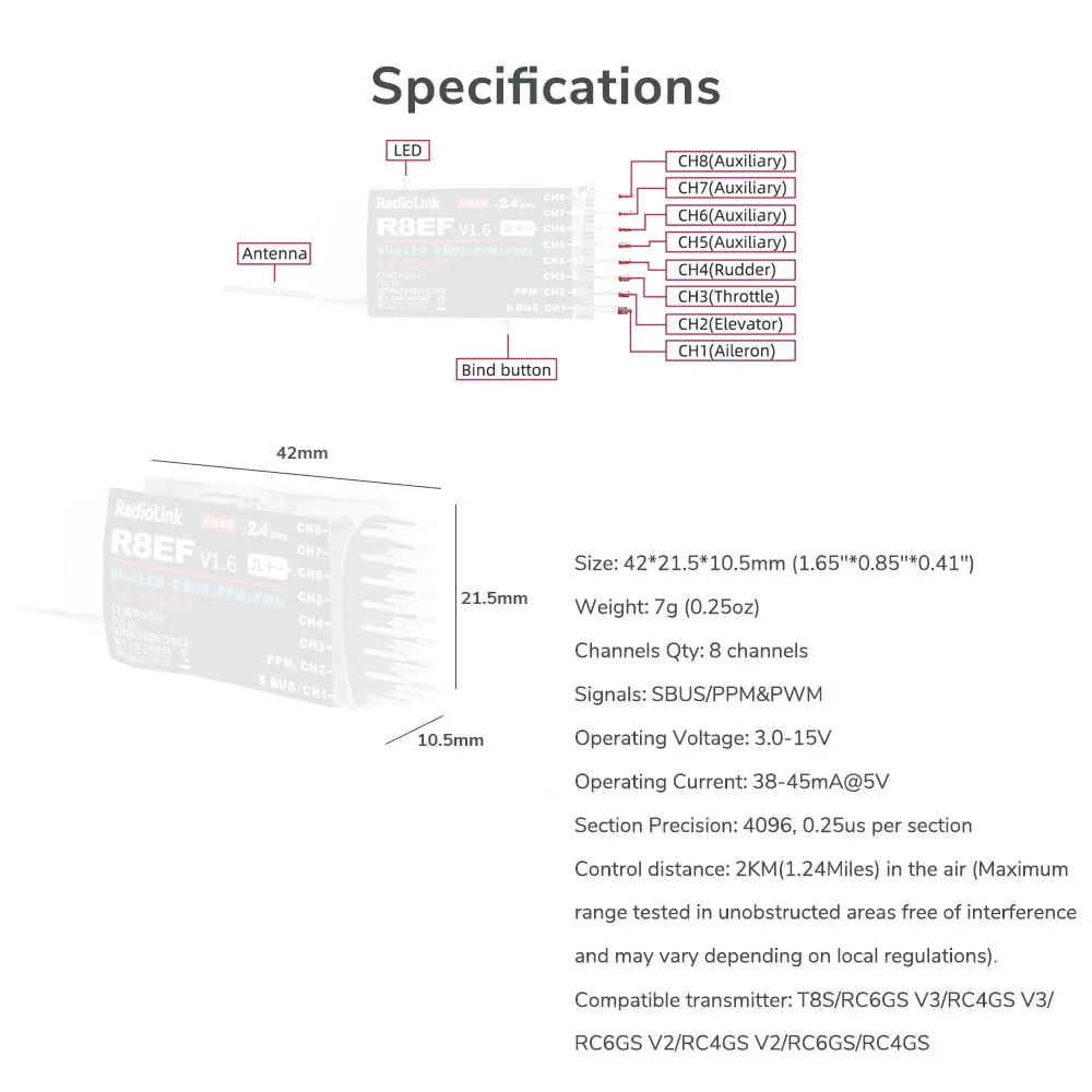 Фото Приемник Radiolink R8EF 2,4G 8-канальная поддержка SBUS PPM PWM для 8-канального T8FB T8S RC3S RC4G RC4GS RC6G Передатчик RC Автомобиль Лодка Самолет №1