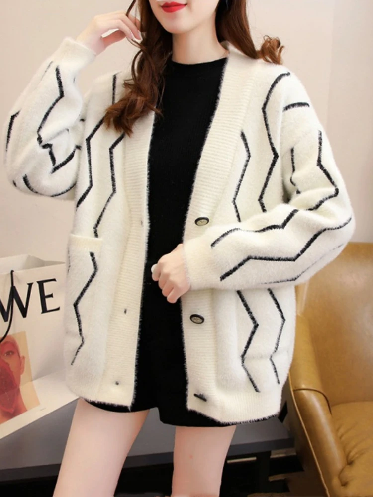 

Cardigan for Women V-neck Imitation Mink Velvet Knitwears Coat Autumn Winter Korean Fashion Loose Stripe Ladies Sweater Cardigan