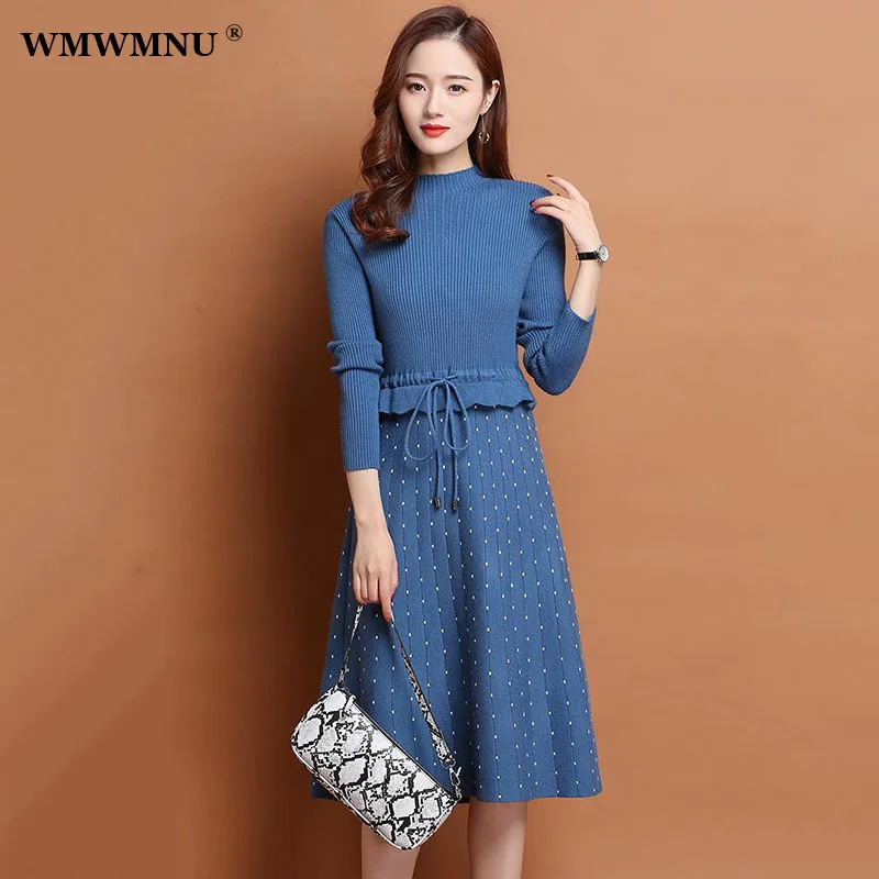 

Fake Two Piece Patchwork Dot Print Sweater Dress Women Winter Thick Office Lady Casual Warm Half Turtleneck A-Line Vestido Mujer