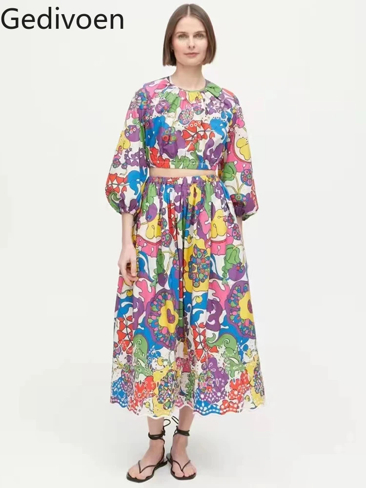 Gedivoen 2022 Summer Women Fashion Runway Skirts Set Lantern Sleeve Short Tops + High Waist Multicolor Print Skirts Suits