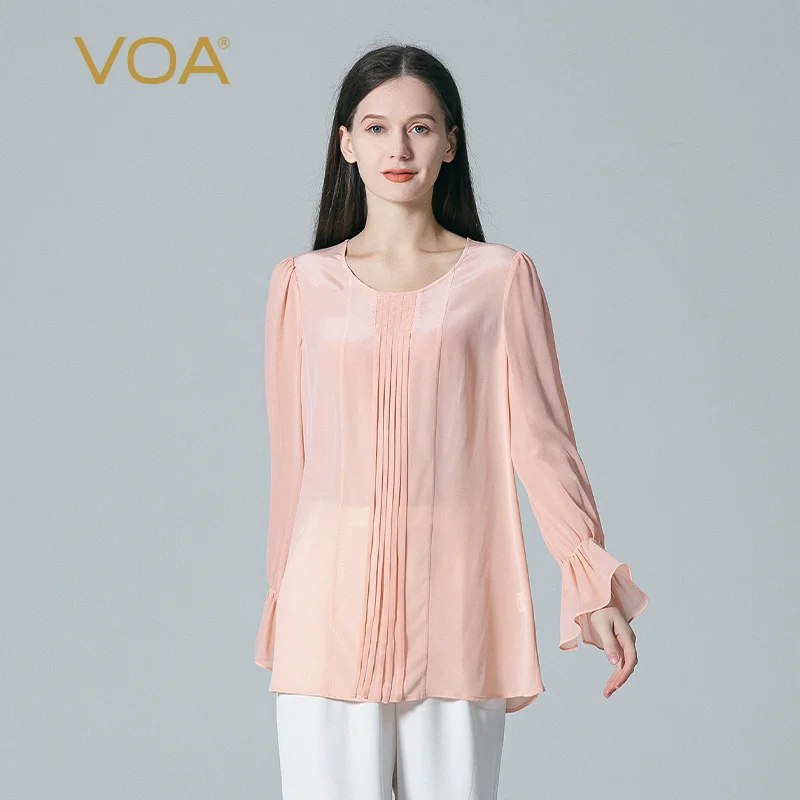 

VOA 100% Real Mulberry Silk Crepe De Chine Lotus Pink O-neck Tops Georgette Flare Long Sleeves High Quality Loose T-Shirt BE1313