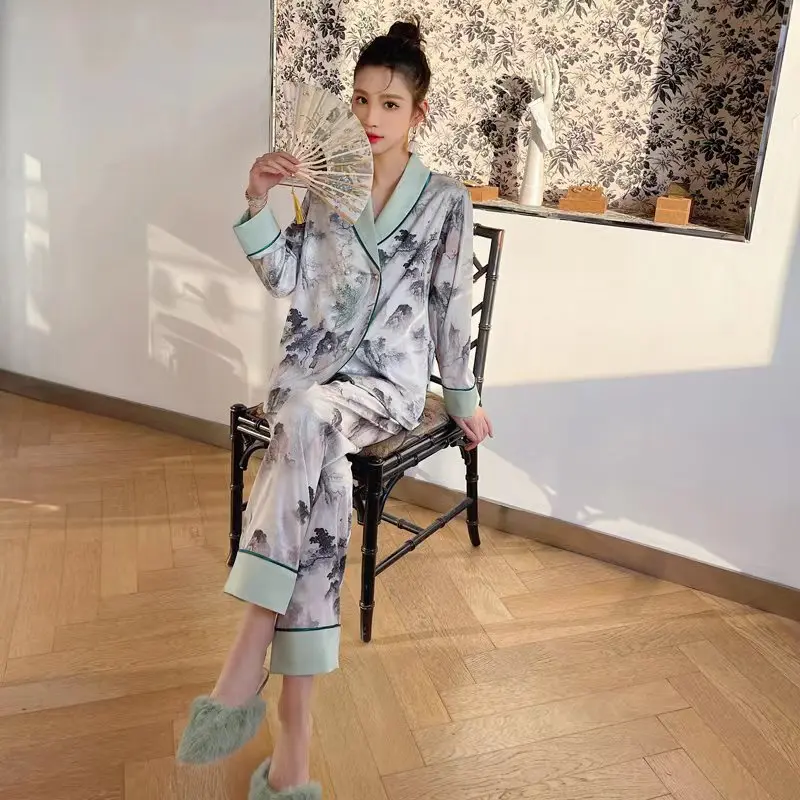 2023 Spring new Chinese national style pajamas for women's V-neck high-luxury home service suit breathable and soft loungewear
