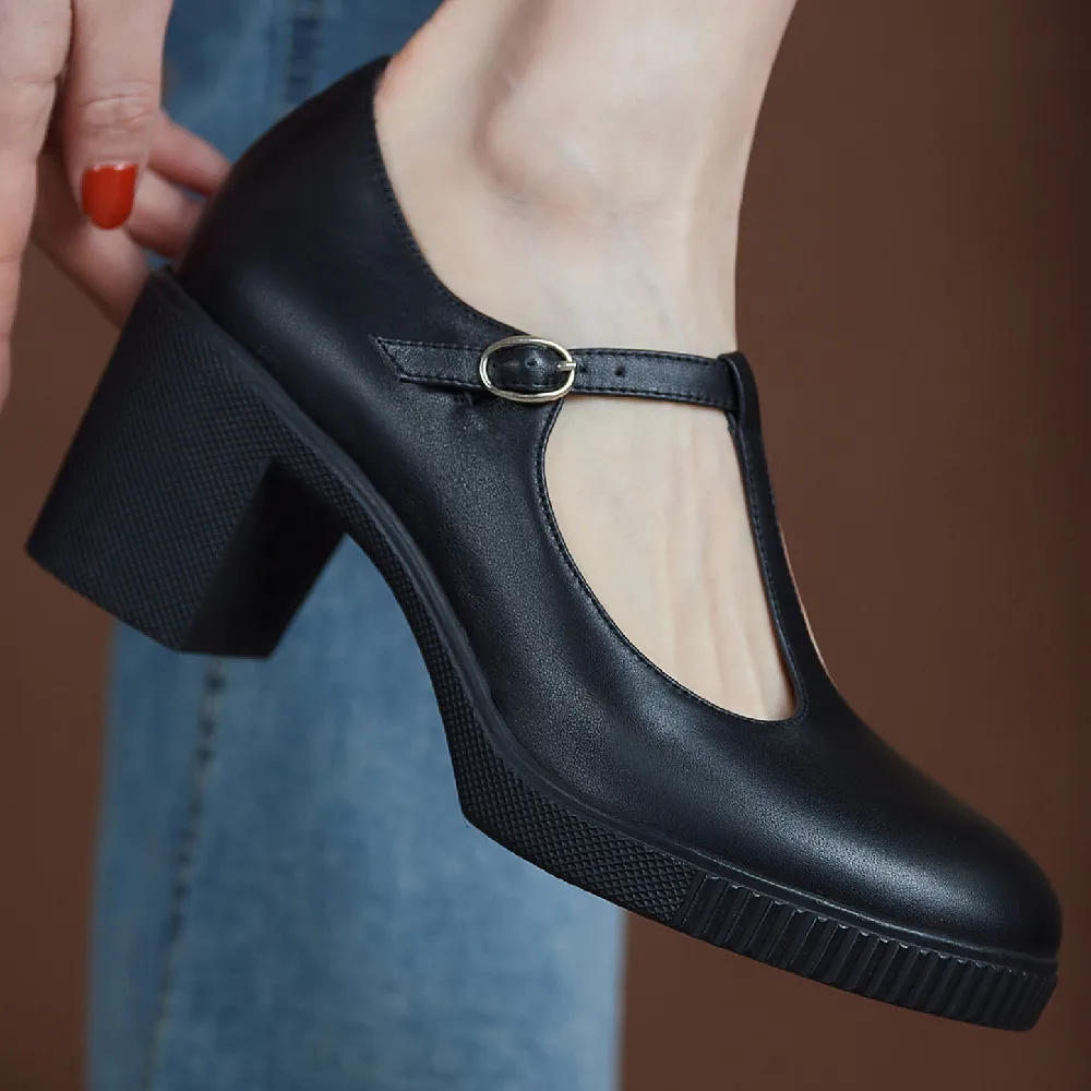 

Women's genuine leather thick high heel t-strap retro pumps elegant ladies soft comfortable OL style heels single shoes women