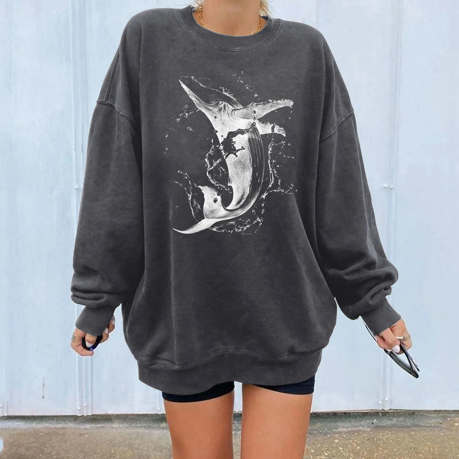 Fashion Whale Rose Print Sweatshirts Women Spring Autumn Long Sleeve Loose Pullover Sweatshirt Drop Shoulder Oversized Tops 3