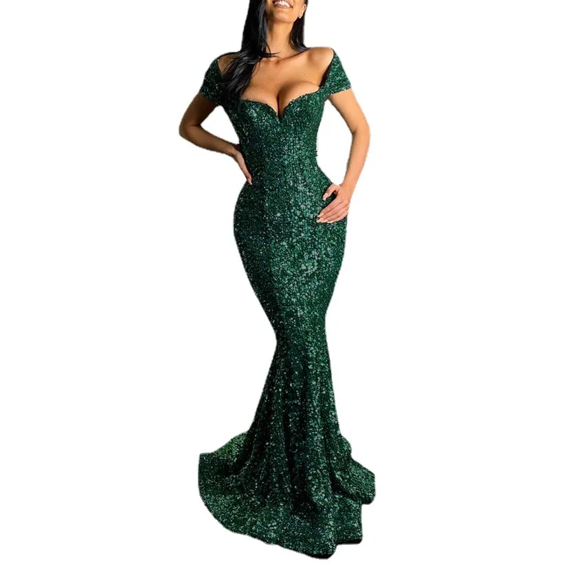 Sexy Prom Dresses for Women V-Neck Raglan Sleeve Dress Solid Sequins Slim Long Skirt Off The Shoulder Woman Party Maxi Dress