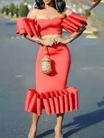 red off shoulder party dresses sexy bodycon ruffles slim fit women cocktail event occasion outfits folds stylish african gowns