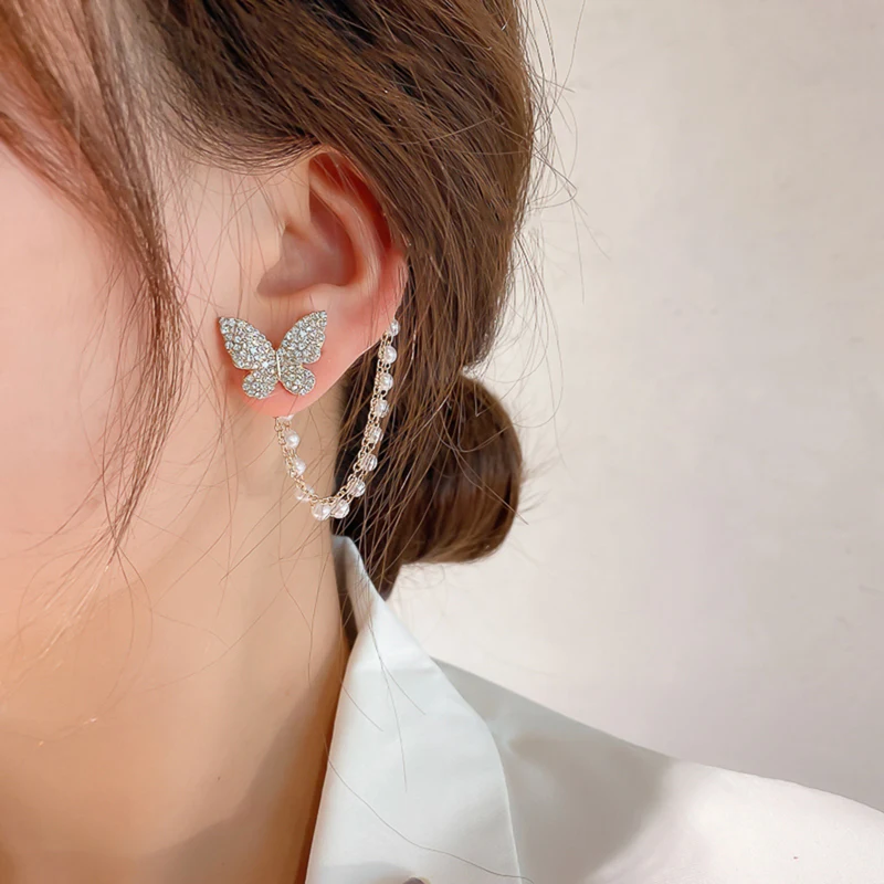 Korean Fashion Simple Butterfly Tassel Earrings For Girls Women Piercing Long Earrings 2022 Trend Hanging Metal Ear Cuff Jewelry