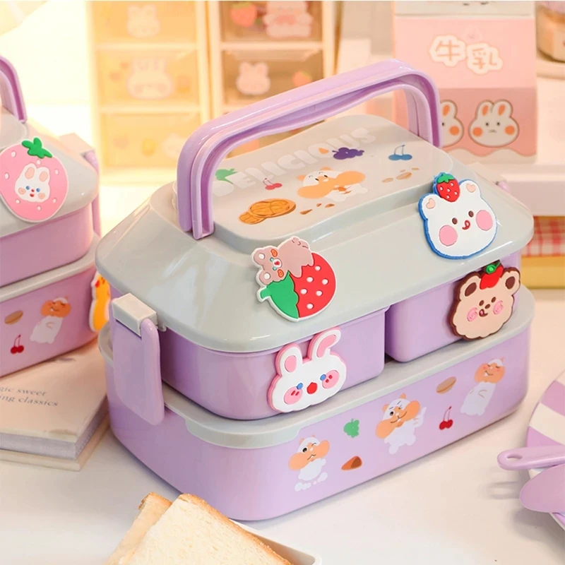 

Kawaii Portable Lunch Box for Girls, School Kids, Plastic Picnic Bento Box, Microwave Food Box with Compartments, Storage Cont