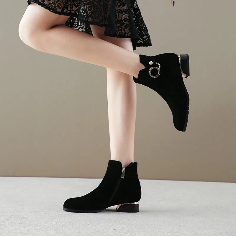 Fashion Women Boots Casual Suede Low High Heels Autumn Winter Shoes Woman Pointed Zipper Ankle Boots Black Zapatos Mujer