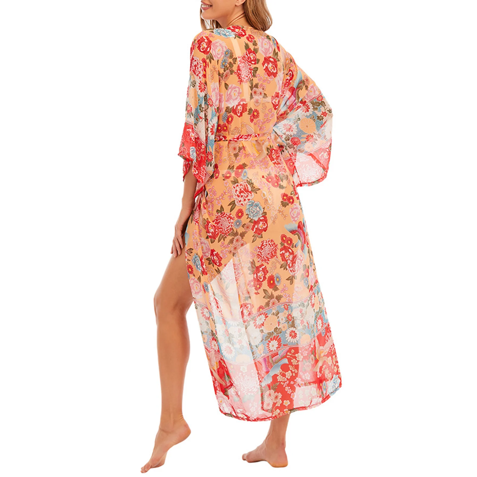 

Women Beach Bathing Polyester Washable Bikini Wrap Sun Protection 3/4 Sleeve Summer Portable Quick Dry Long Swimsuit Coverup