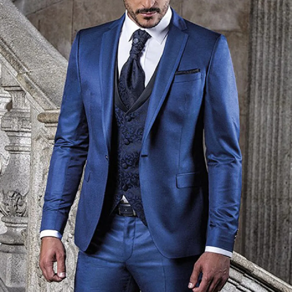 Custom Made Dark Blue Blazer Trousers Groom Tuxedo Tailor-made Suits Costume Mens Wedding Suit 3Pcs Jacket Pants Patterned Vest