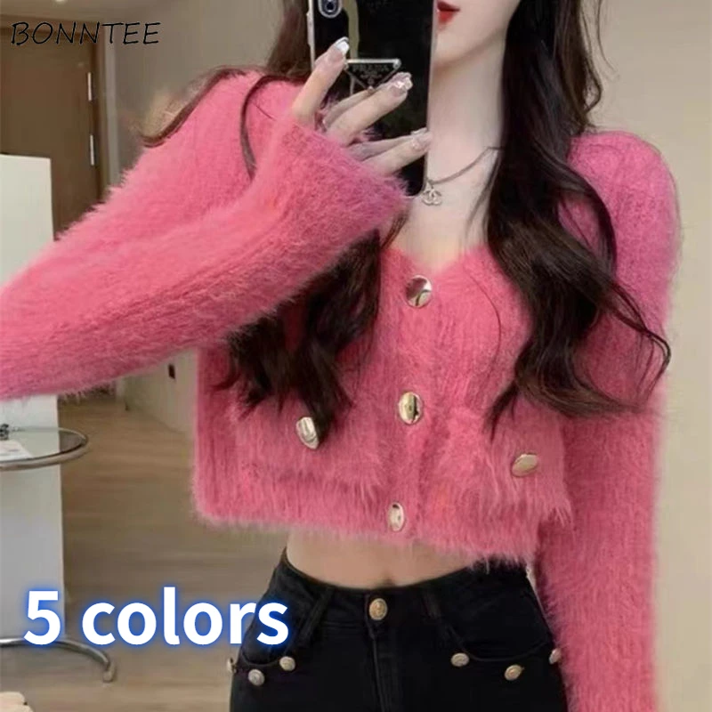 

Cropped Cardigan Women Winter Sweet Knitted Coat Tender Korean Style V-neck Sweater Girlish Clothes Streetwear Aesthetic Pockets