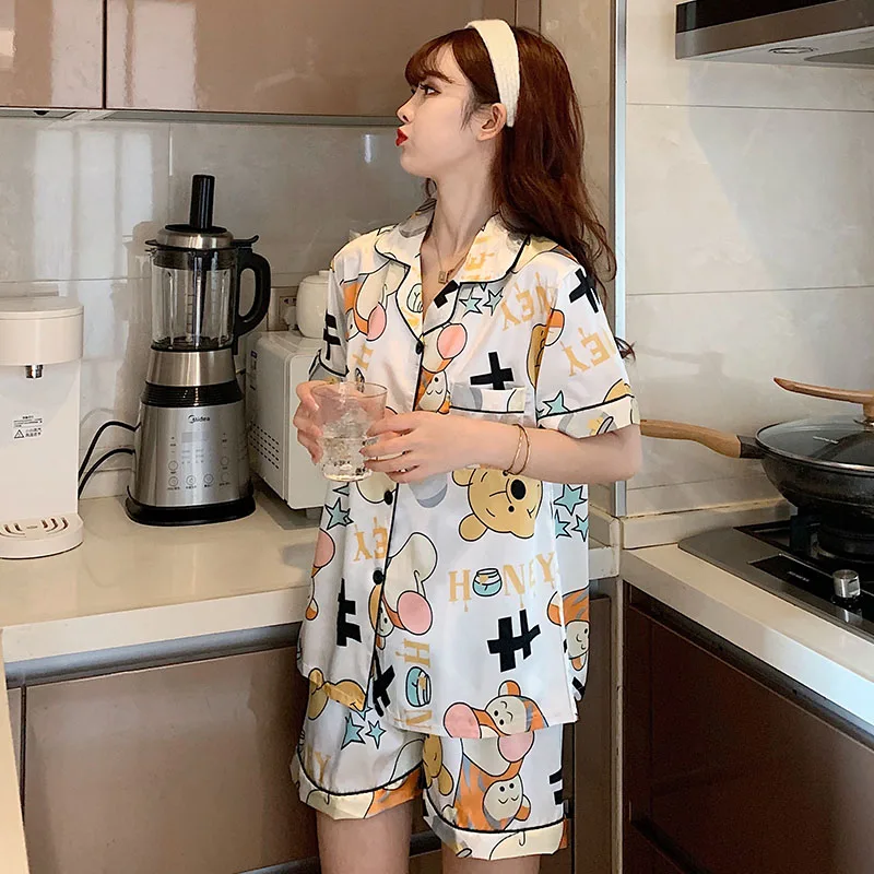 Disney Tigger and Winnie the Pooh Stain Pajamas Set for Women Summer Loose Casual Silk Home Suit Women Shorts for  Sleepwear