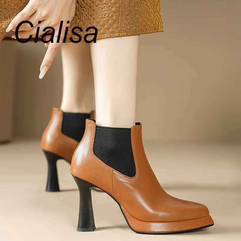 

Женские ботильоны из натуральной кожи, с острым носком, на высоком каблуке 9,5 см