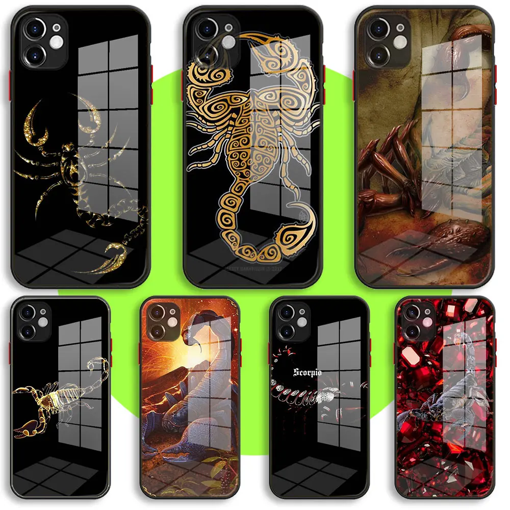 

Liquid Tempered Glass Case For iPhone 13 11 12 Mini Pro Max XS XR X 7 8 6 Plus SE2 Silicone Cover Animal crab scorpion Cute