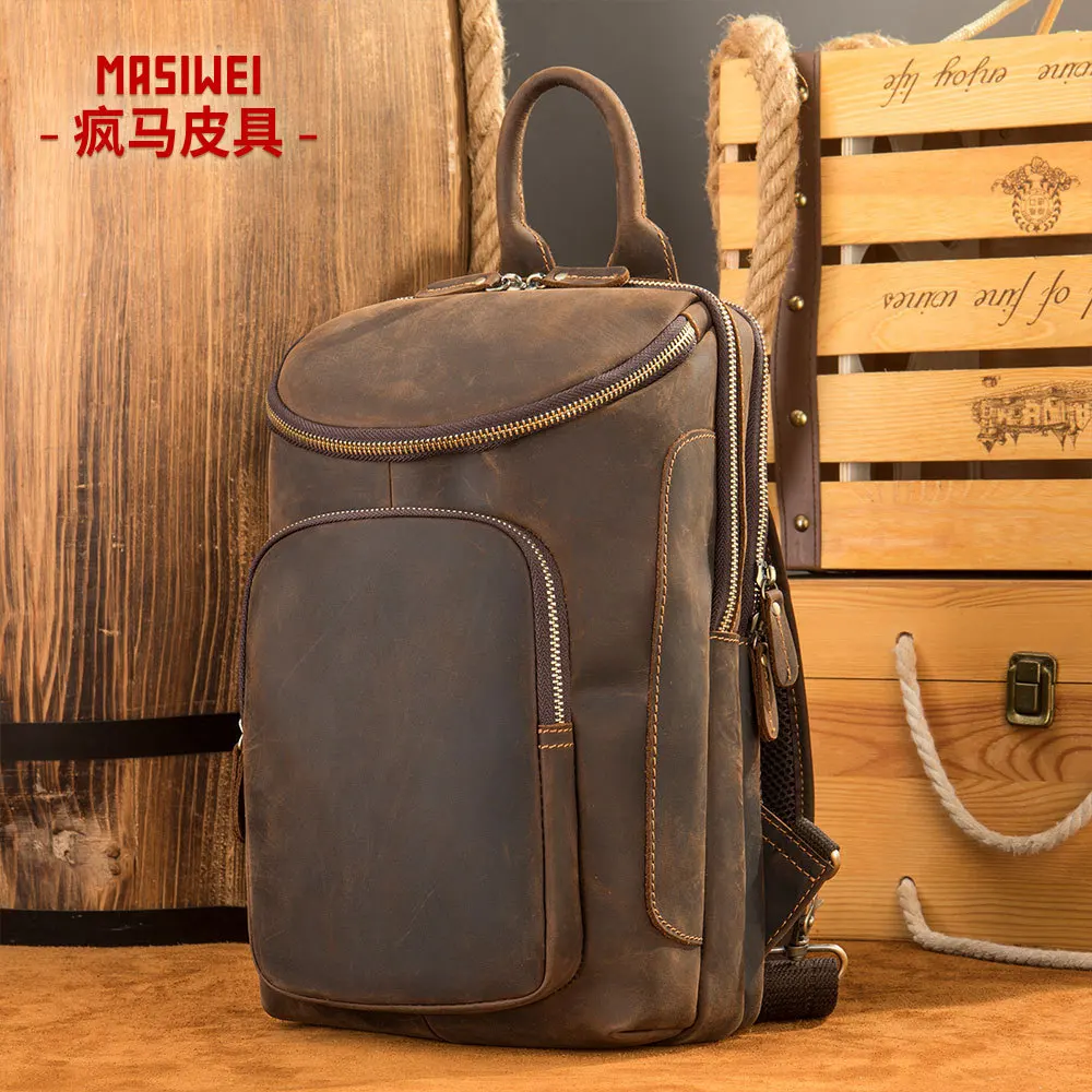 Crazy Horse Skin Men's Chest Bag Retro Large Capacity One Shoulder Crossbody Bag Head Layer cowhide men's leather Chest Bag W106