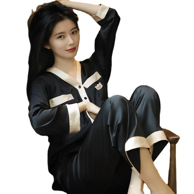 Spring and Summer Autumn Sexy Silk Pajamas Women's Long-Sleeved Trousers Suit Cardigan Large Size Fashion Casual Ice Silk Home W