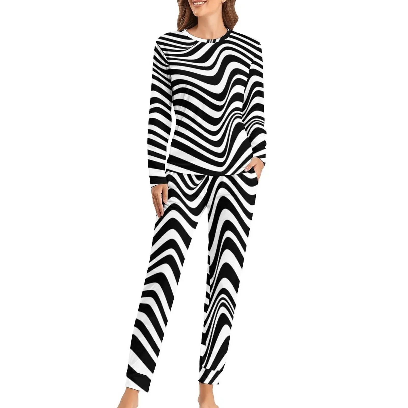 

Abstract Stripped Design Pajamas Long Sleeves Black White Stripes Room Pajama Set Cute Sleepwear Autumn Oversize Print Home Suit