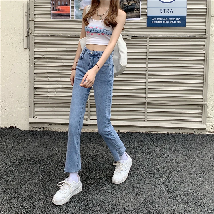 

DD2555 New fashion high-waist slim-fit slit design sense straight-leg trousers women's jeans