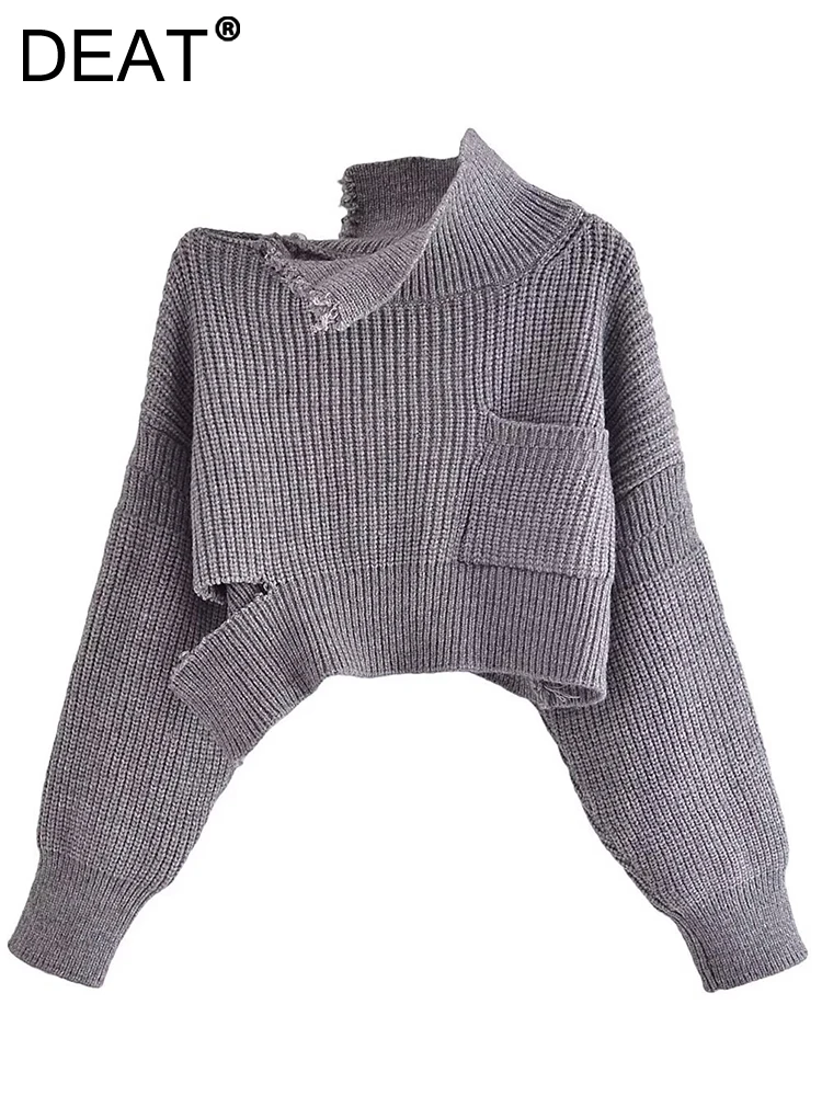 

DEAT Fashion Women's Knitted Pullover Oblique Collar Loose Solid Color Long Sleeve Hollow Out Sweater Autumn 2023 New 17A4761