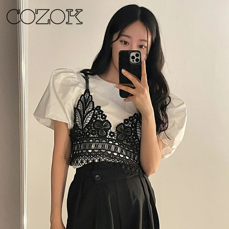

COZOK 2023 Summer Korean Chic Sweet Gentle Design Sense Niche Lace Suspender Vest Temperament Puff Sleeve Shirt Two-Piece Sets