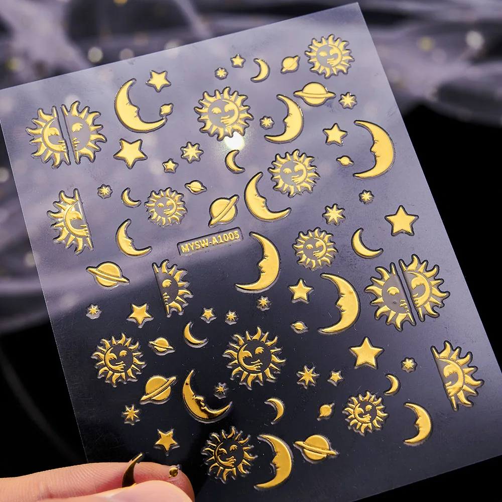

6pcs/set Gold/Silver Nail Stickers 3D Holographic Laser Star Moon Flame Sun Decals Nail Art DIY Stickers Nail Decorations NLS-
