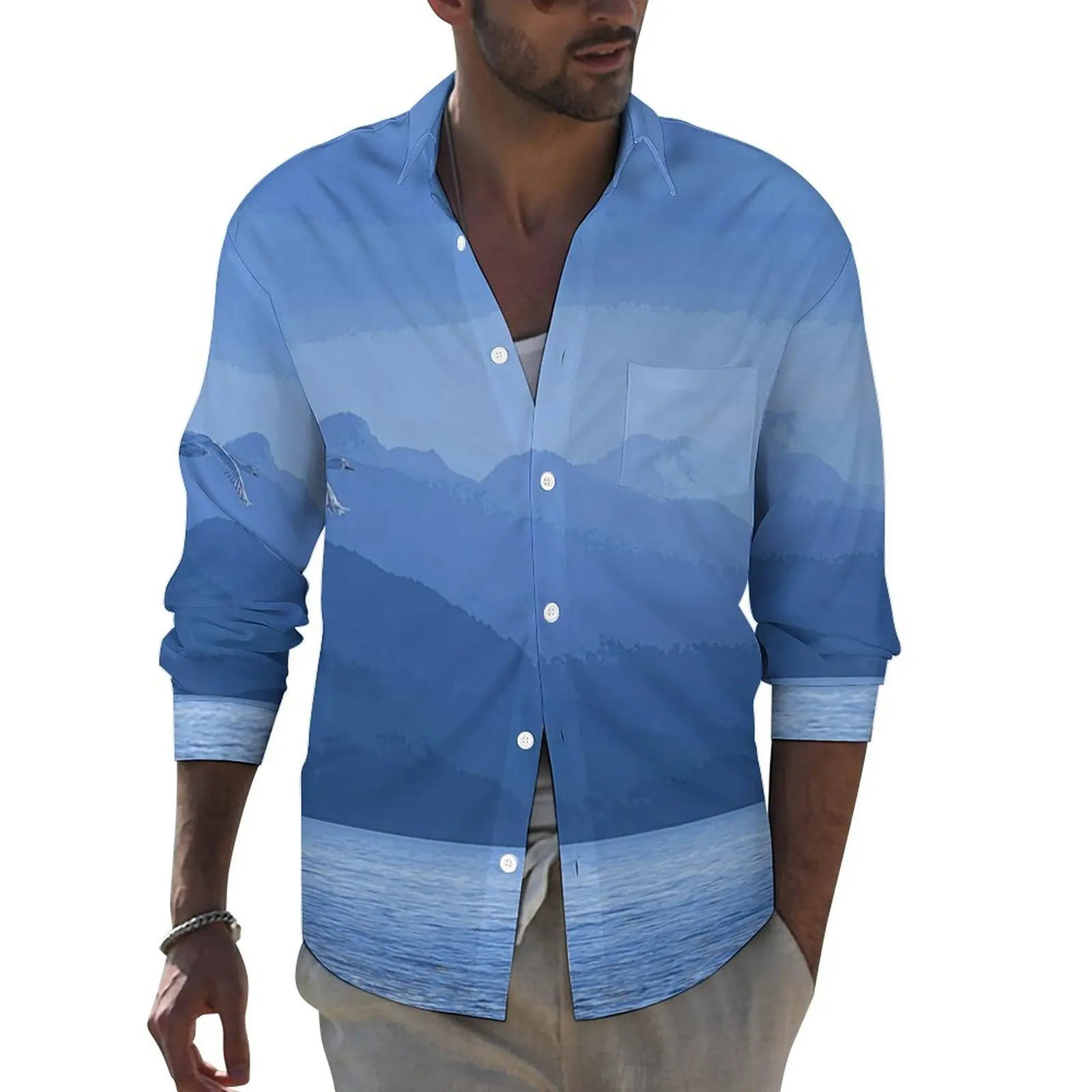 

Mountains Acrylic Art Shirt Autumn Blue Water Casual Shirts Men Fashion Blouses Long Sleeve Pattern Harajuku Clothing Plus Size