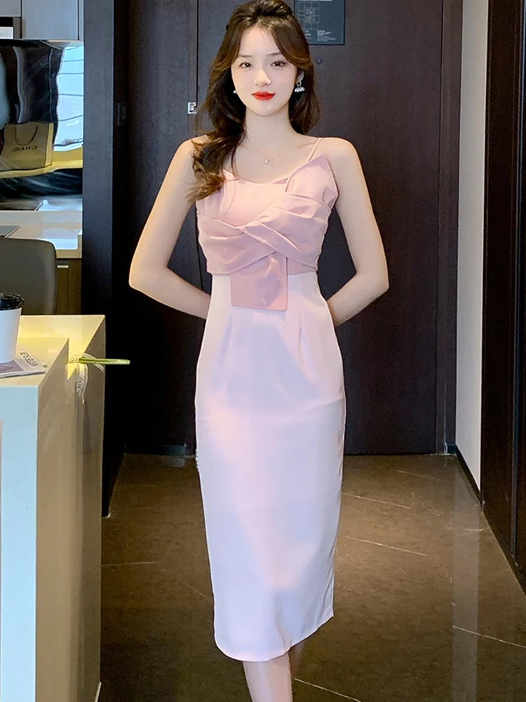 

Женское розовое платье миди в стиле пэчворк с бантом, летнее модное повседневное пикантное платье на бретельках, модель 2023 года, роскошные облегающие вечерние платья в Корейском стиле