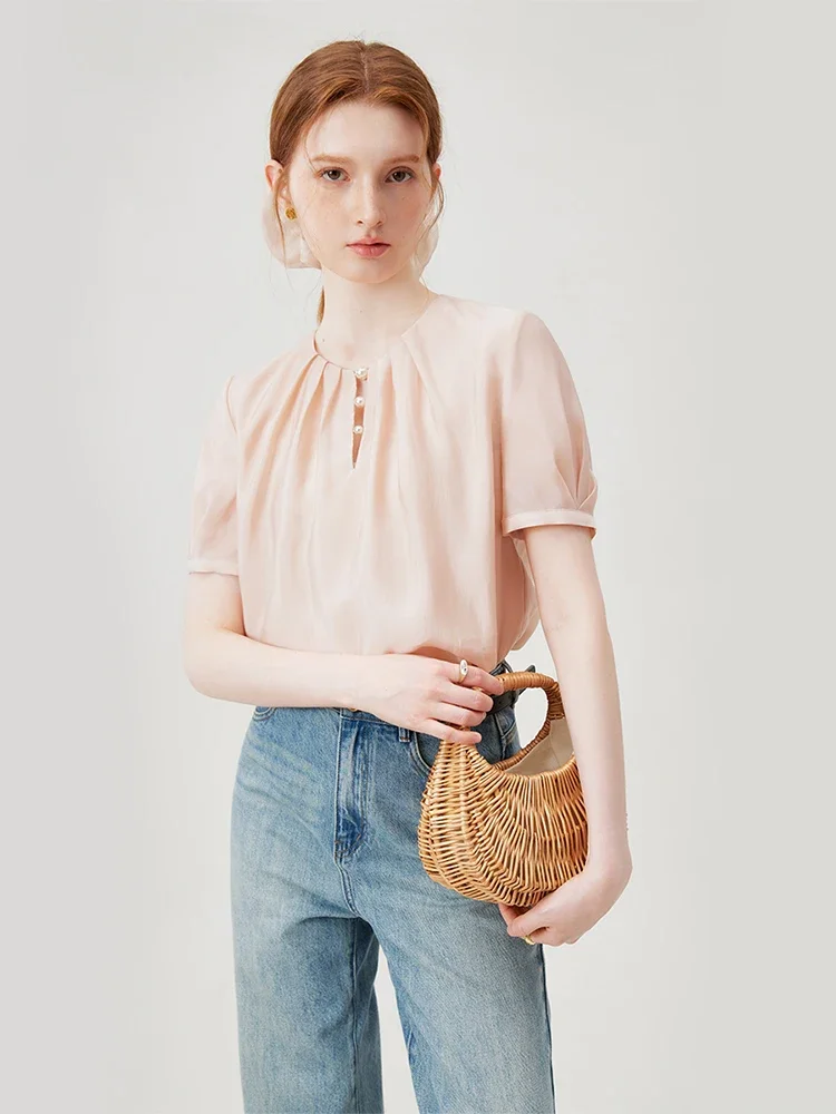 Элегантная Универсальная Женская Повседневная Рубашка FSLE Tencel Bежевая Розовая