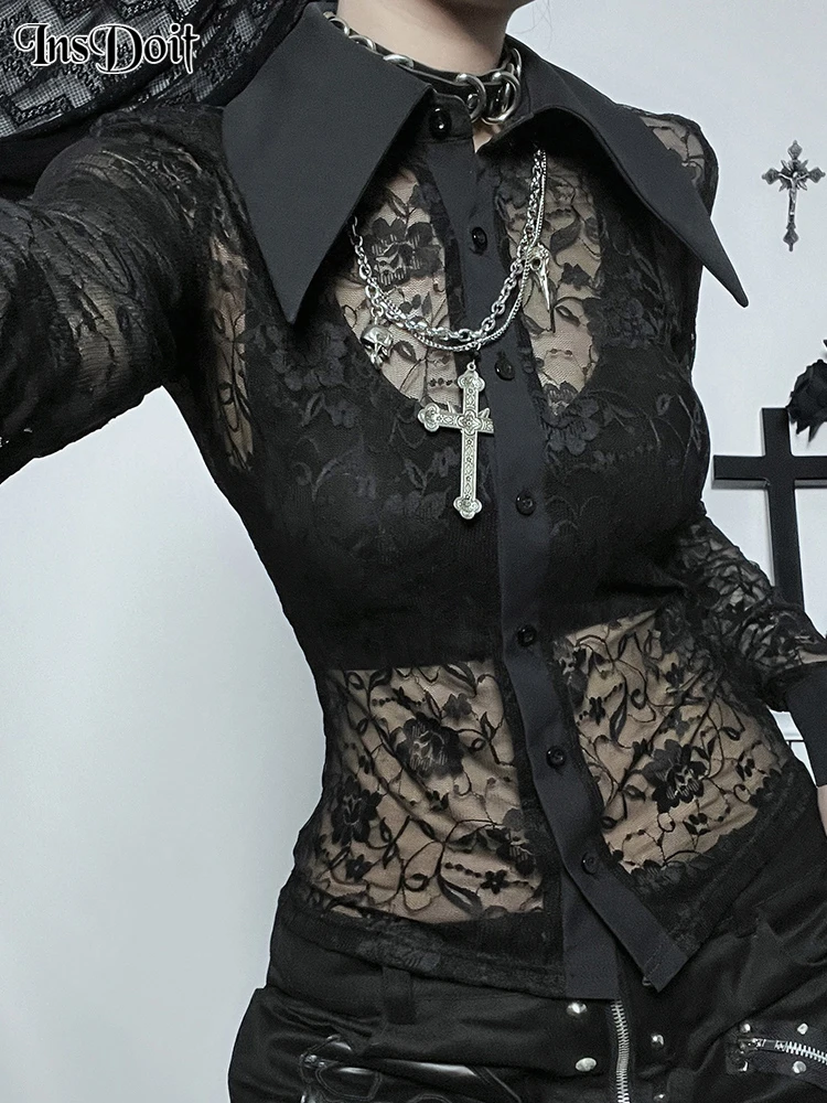 

InsDoit Gothic Clothes Black Transparent T-shirt Women Mall Streetwear Turn Down Collar Crop Top Punk Grunge Fashion Sexy Tops