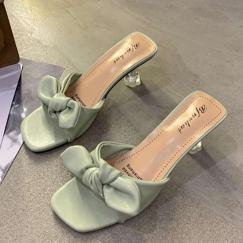 

2022 Summer New High Heels Slippers Fashion Bow-knot Square Toe Sandals Ladies Shoes Sexy Party Dress Peep Toe Mules Slides