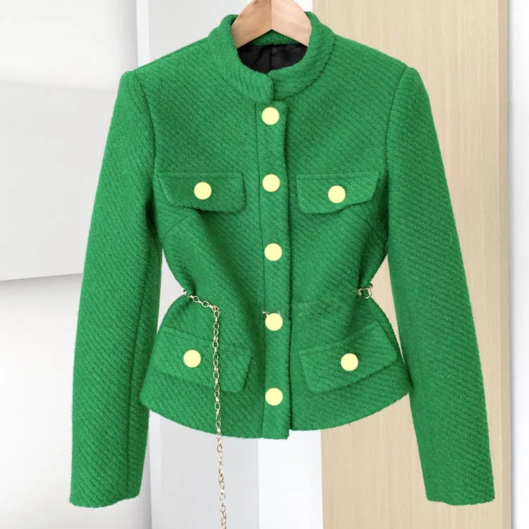

High-end Green Coats for Women Fashion Commute Slim Coat Top Quality 3D Cut Stand Collar Four Pocket Tweed Coat Lady Winter 2021
