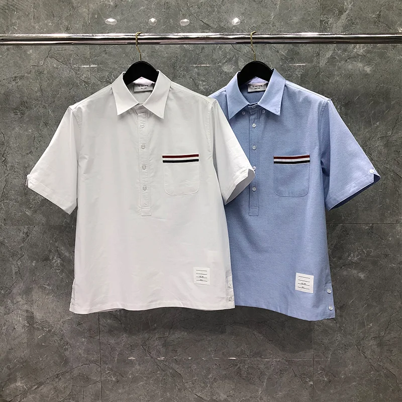 

TB THOM Shirts Fashion Brand Casual Blouse Men Slim Pocket Striped Pullover Turn Down Collar Oxford Solid Men's Clothing