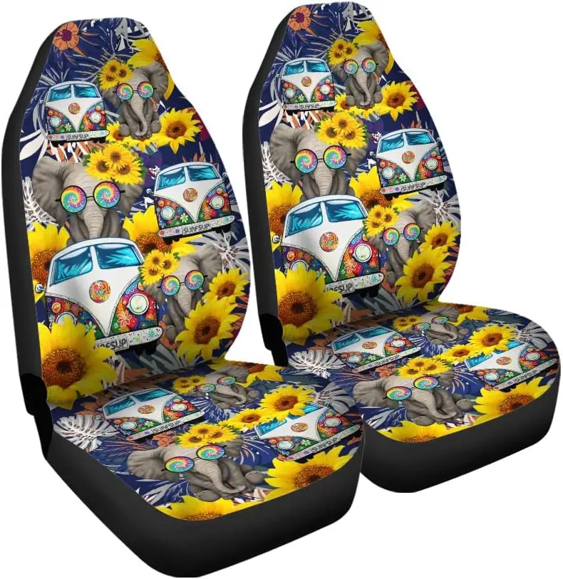 

CHICKYSHIRT Hippie Funny Elephant Sunflower Front Car Seat Covers, Car Seat Protector for Women Girls, Auto Seat Covers Set of 2