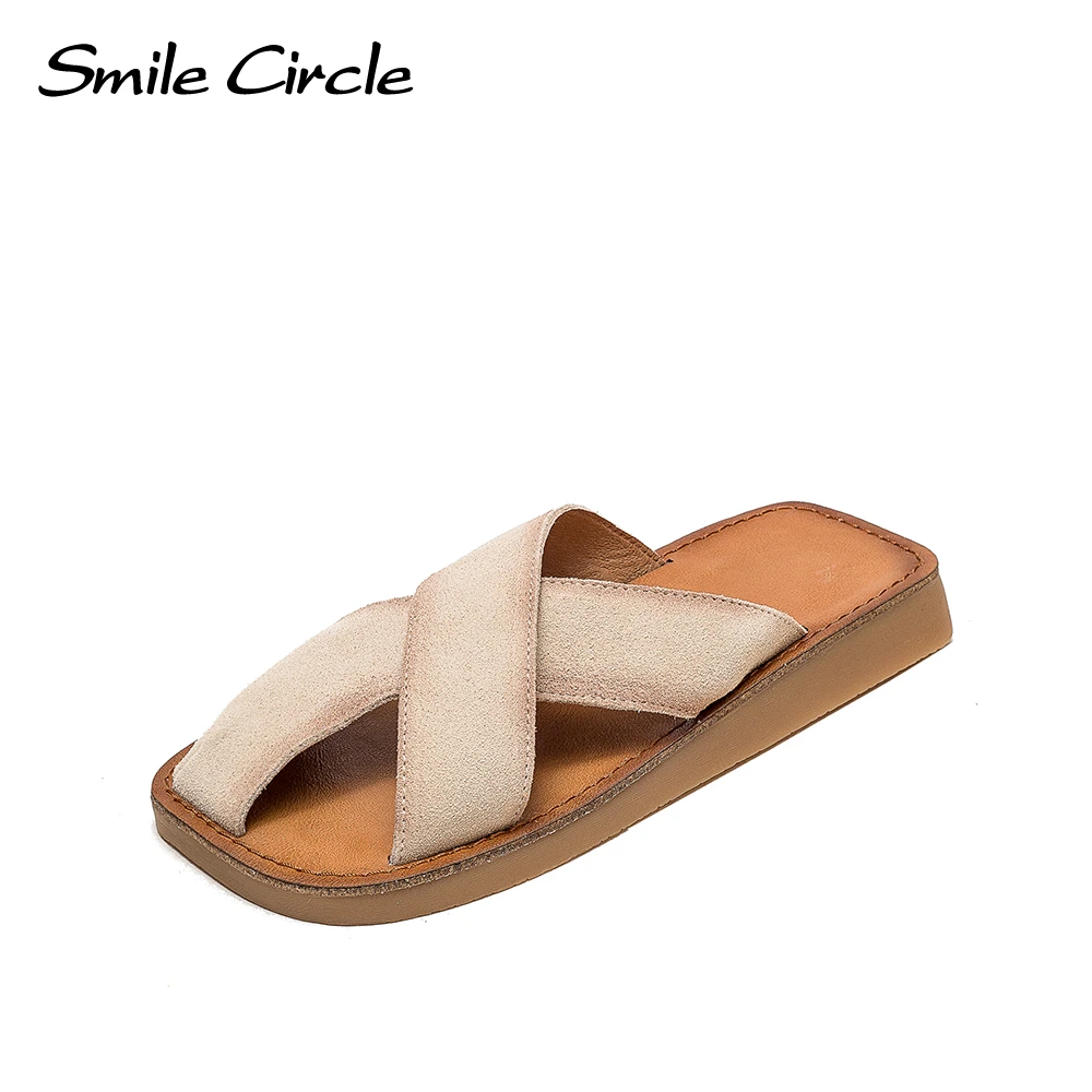 

Smile Circle Женские сандалии Летние сандалии из натуральной кожи Нескользящие плоские сандалии Повседневные тапочки с мягким дном