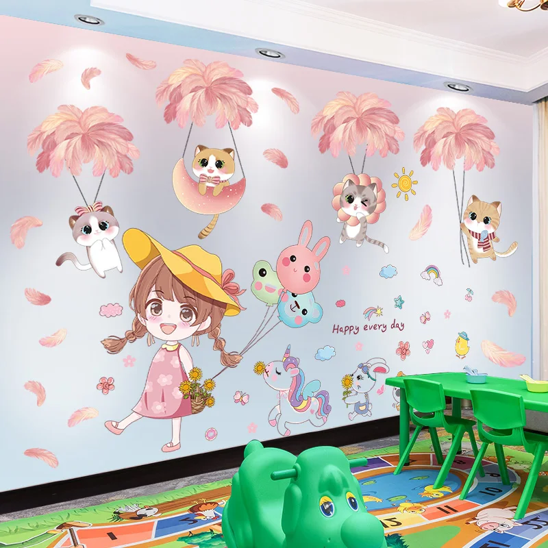 

Cats Feathers Wall Stickers DIY Cartoon Girl Animals Wall Decals for Kids Room Baby Bedroom Kindergarten Nursery Home Decoration