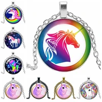 2019 new unicorn anime cartoon horse necklace jewelry pendant crystal convex round glass necklace childrens gift
