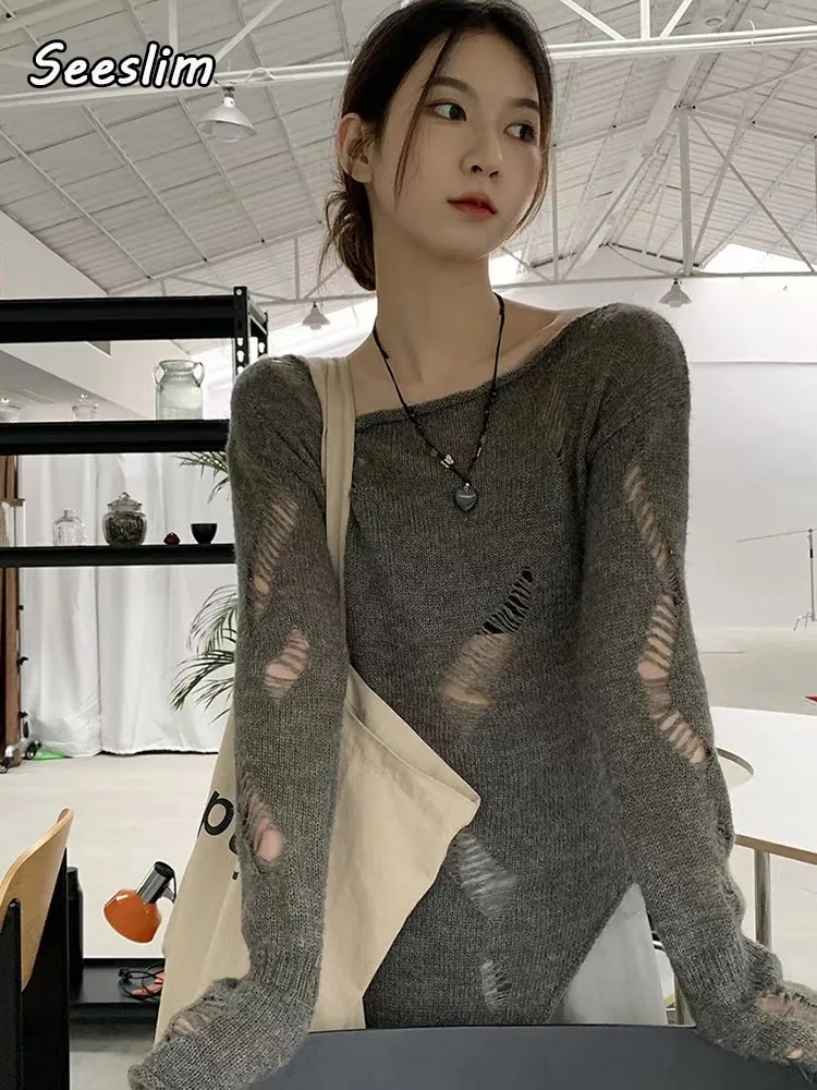 

Seeslim Hollow Out Knitted Women Sweater Retro Long Sleeve Spring Autunm Smock Broken Hole Ladies Jumpers Tops 2022 Chic