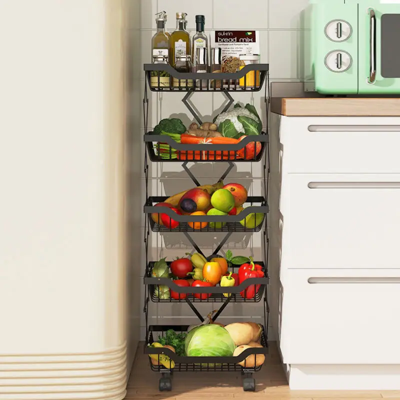 

Kitchen Folding Floor Storage Rack 5 Tiers For Vegetable Fruits Free Installation Durable Stainless Steel Bearing 40kg
