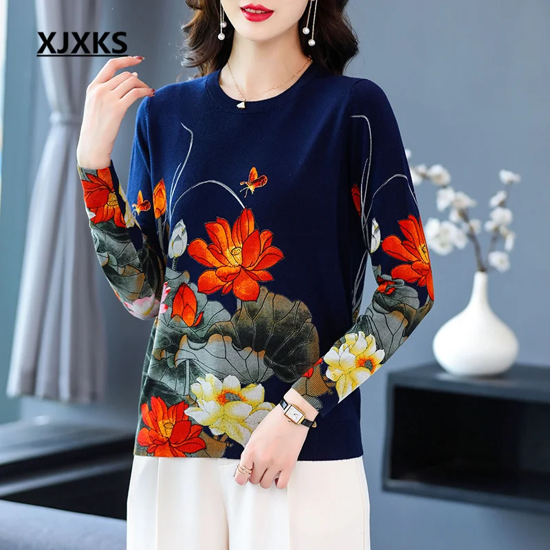 

XJXKS 2022 Autumn And Winter Latest Women's Bottoming Sweater Loose Large Size Wool Knitted Pullover Printed Top Jumper