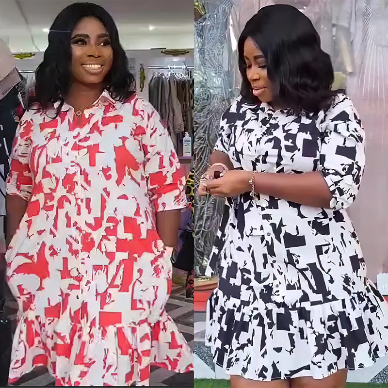 

Новое поступление весна 2023, Африканское женское платье с коротким рукавом и принтом из полиэстера, черное, красное платье Дашики, африканские платья для женщин