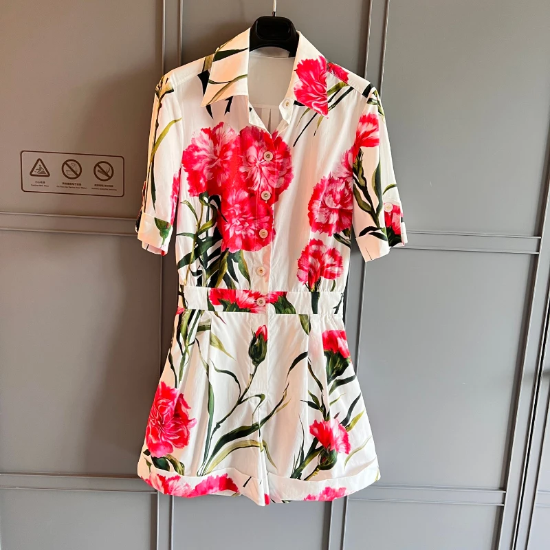 

Top Quality Tulip Collection Poplin Turn Down Collar Short Sleeve Patchwork Buttons Floral Position Print Playsuits