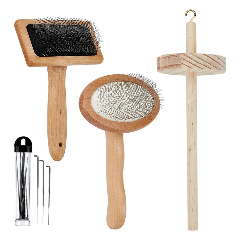 4Pcs Wooden Wool Carder Slicker Brush Wood Spinning-Tool Felting Tool Kit With 12Pcs Craft Needle For Yarn Blending