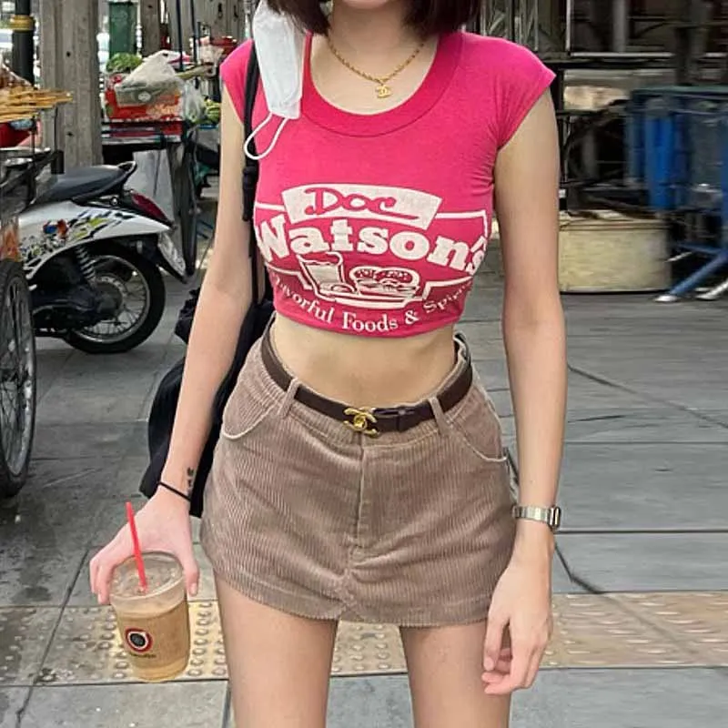 

2022 Summer New Slim Round Neck Sexy Tight Navel Print Casual Fashion Short Sleeved Tshirt Top Women's Clothing