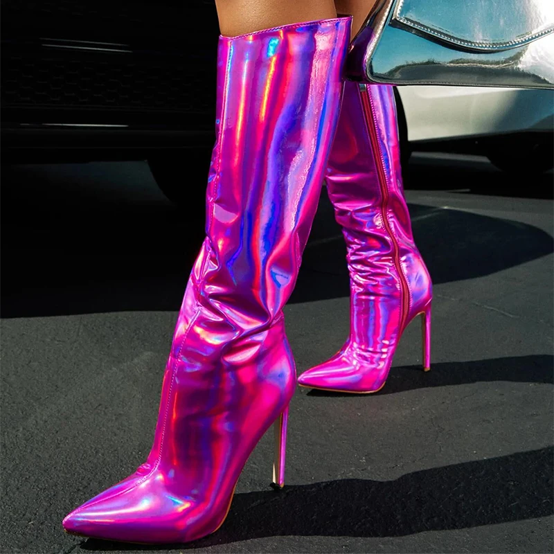 Stivali alti al ginocchio da donna in pelle metallizzata marca ragazze Sexy punta a punta tacchi alti a spillo stivali alti alla coscia scarpe da discoteca di moda