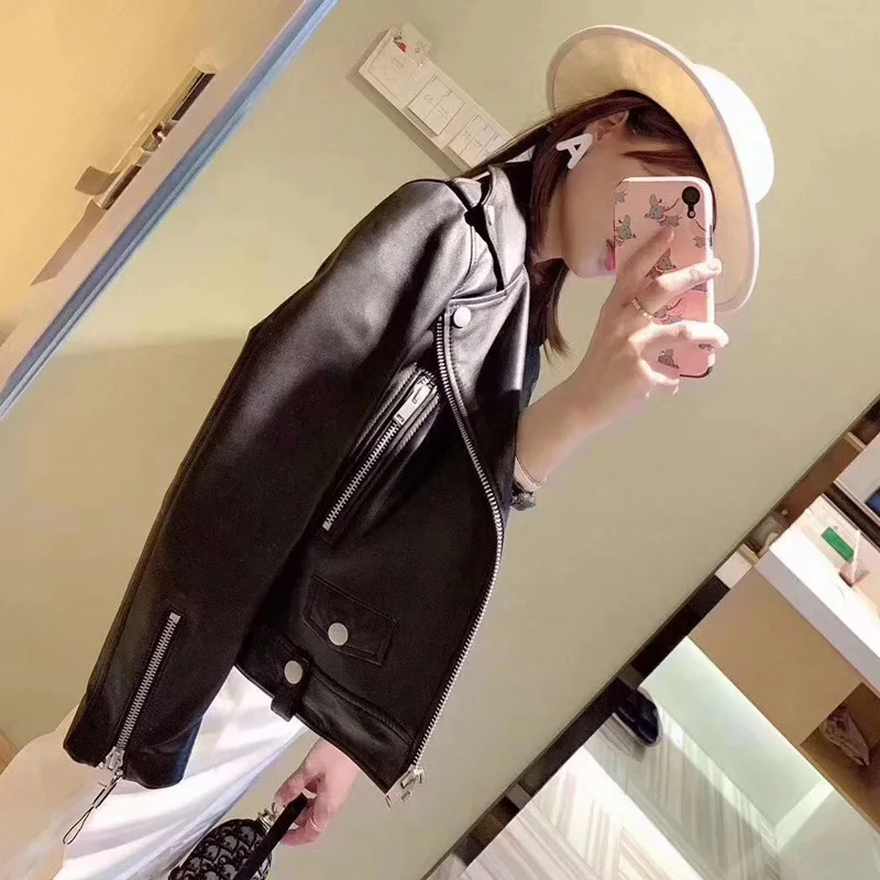 High Quality Autumn Fall Spring 2023 Women's Moto Biker Zipper Jacket Genuine Real Leather Sheepskin Coat for Female Black XXXL