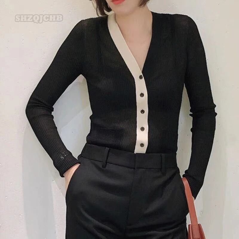 

2022 Spring And Autumn Fashion New Contrast V-Neck Long Sleeve Fine Stripe Thin Knit Slim Fit Sweater Cardigan Top
