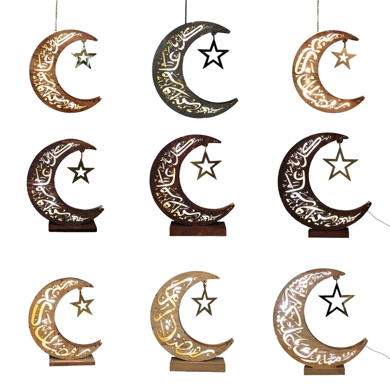 

Eid Wooden Moon Star Led Light Pendant Ramadan Hanging Lamp Ornament Night Lights for Islam Muslim Festival Party Decor