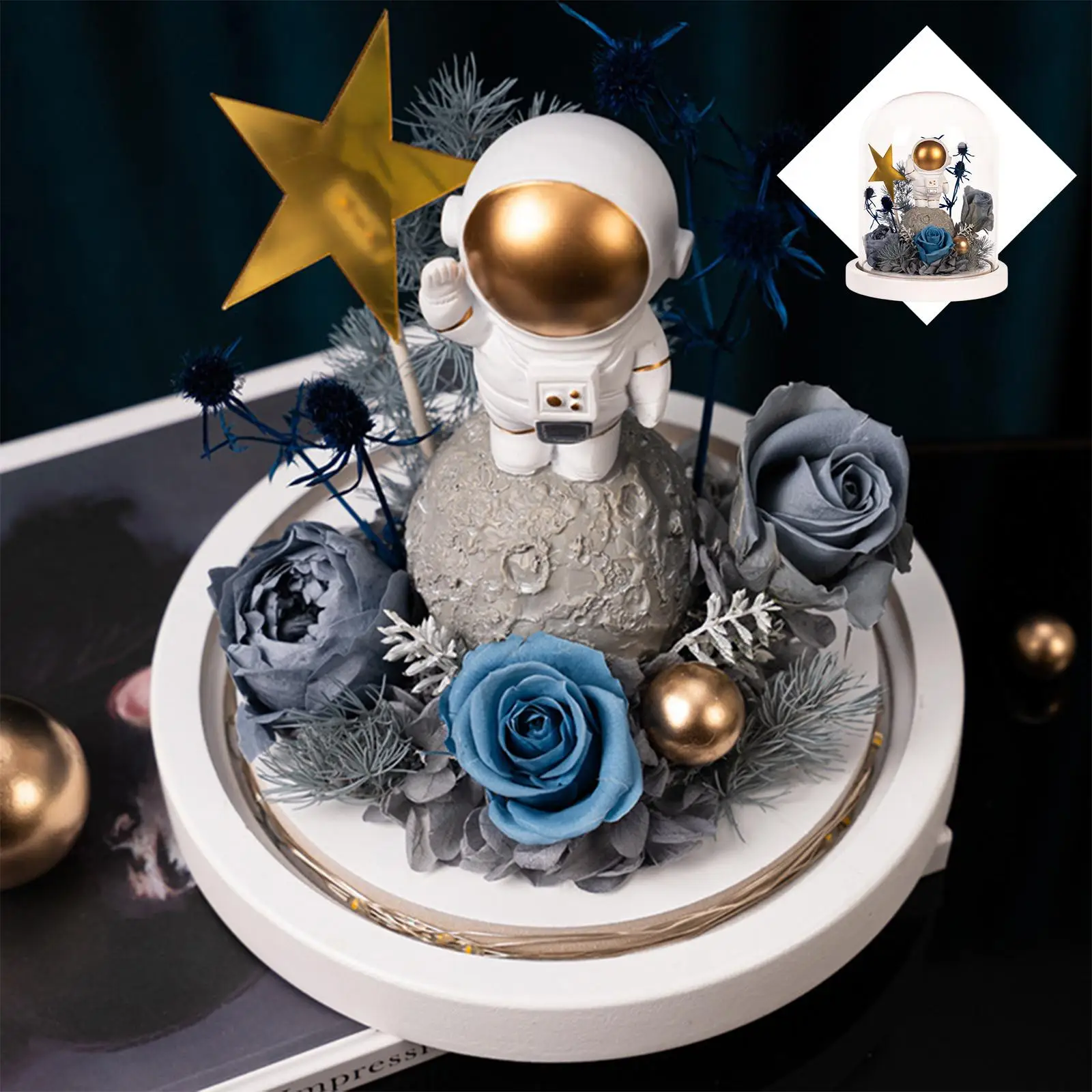 Eternal Flower Rose Glass W/ Astronaut Decoration Creative W/ LED Light Artificial Flower for Christmas Boys Gift Graduation