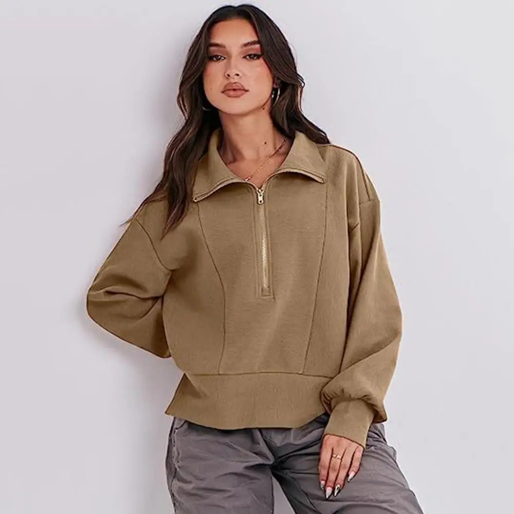 

Women Sweatshirt Autumn Large Lapel Zipper Neckline Sweatshirt Solid Color Long Sleeve Loose Pullover Tops Streetwear